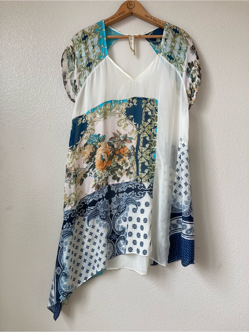 Aratta Silent Journey Sheer Patchwork Asymmetric Tunic Top Floral Boho sz M